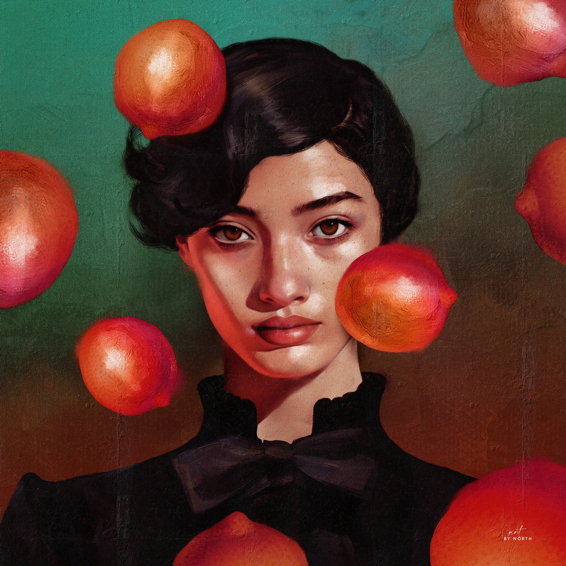 figurative portrait wall art canvas print with female portrait and floating red forms on green background