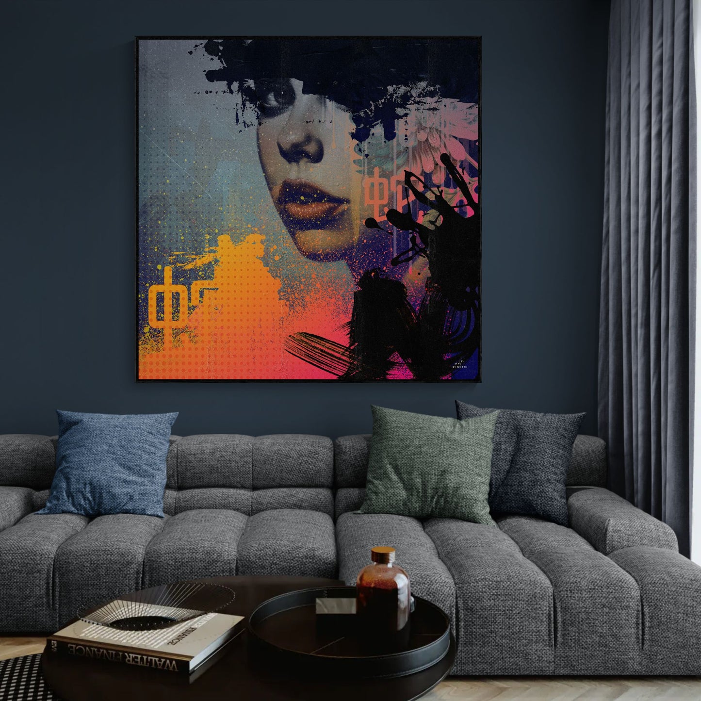 figurative abstract wall art with portrait elements and vibrant color contrast in modern interior
