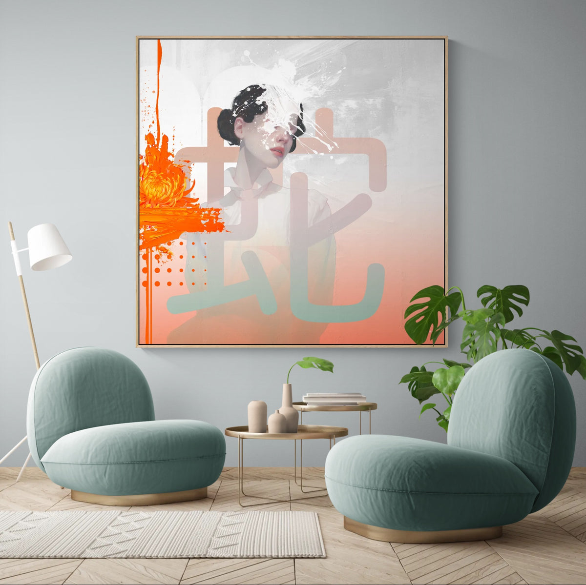 figurative wall art with layered textures and graphic forms as focal point in modern interior