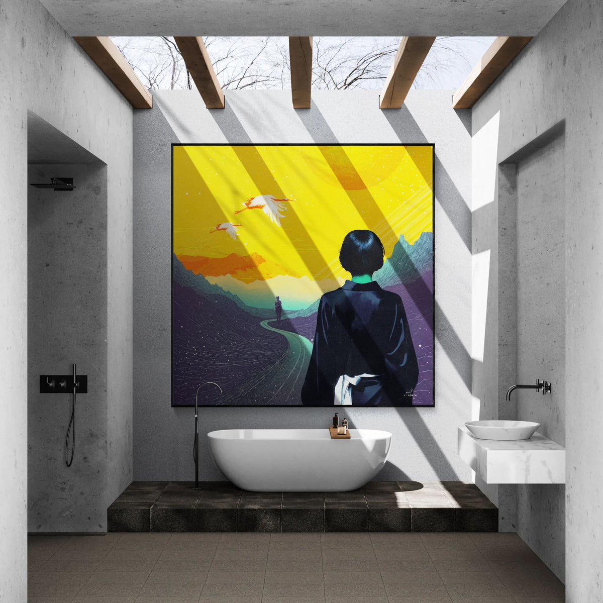 figurative portrait wall art canvas print in modern bathroom with strong color contrast and open landscape