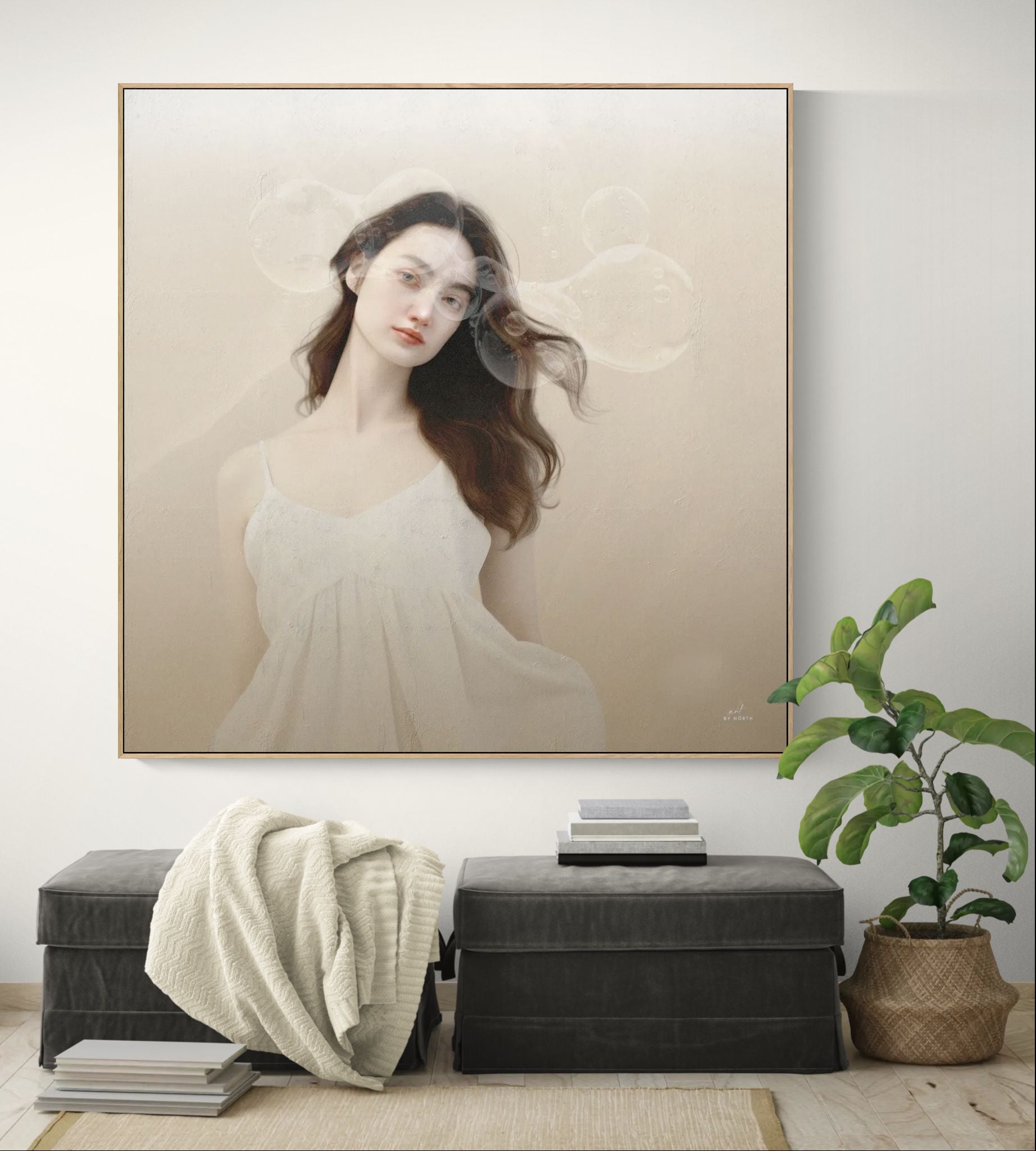 figurative portrait wall art canvas print in hallway with light tones and modern styling
