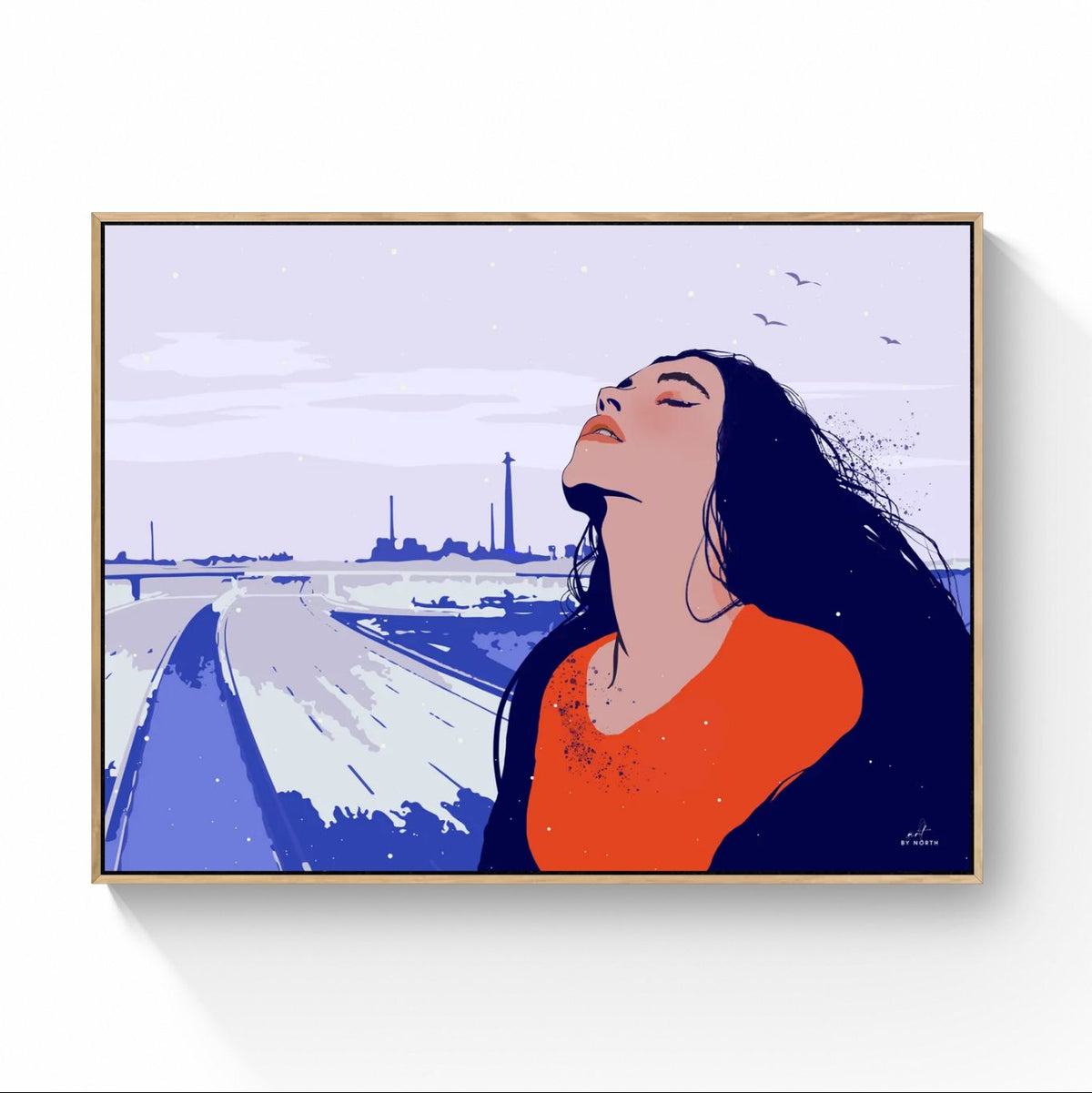 figurative contrast canvas wall art with oak floater frame on white wall