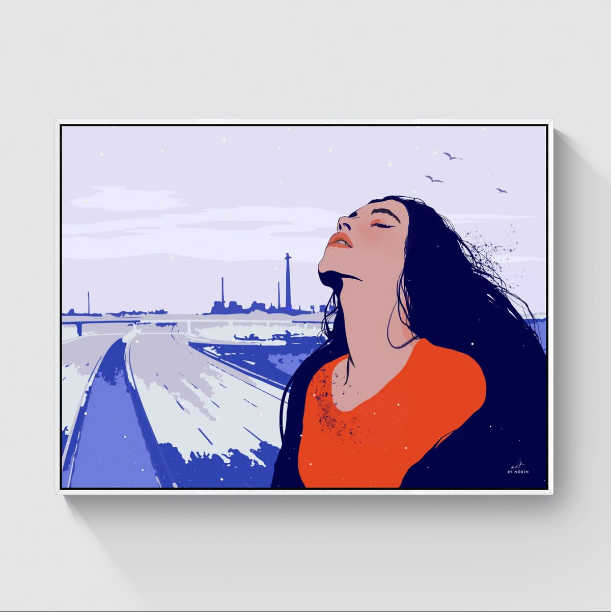 figurative contrast canvas wall art with white floater frame in bright interior