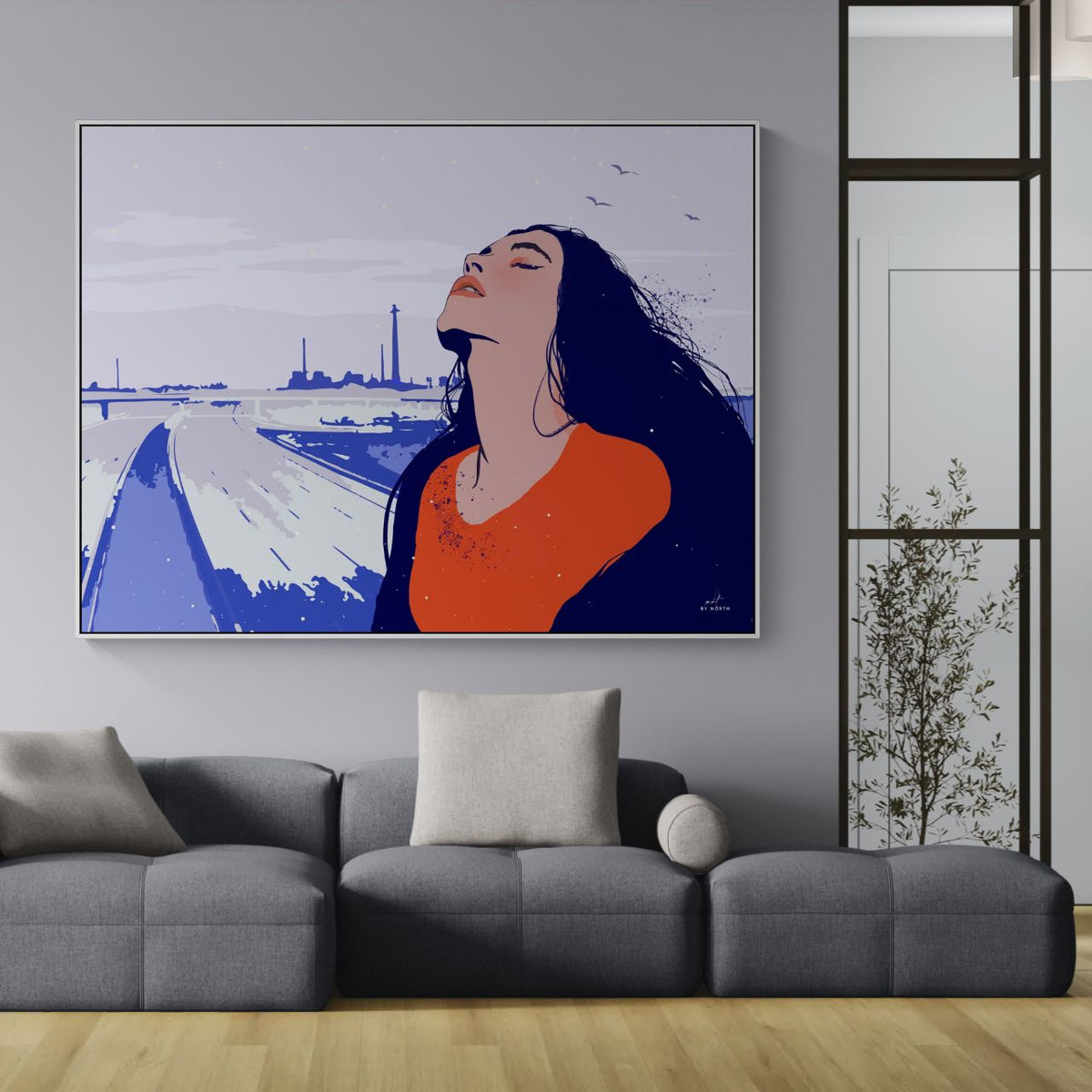 figurative contrast wall art in modern living room with bold red and blue color contrast