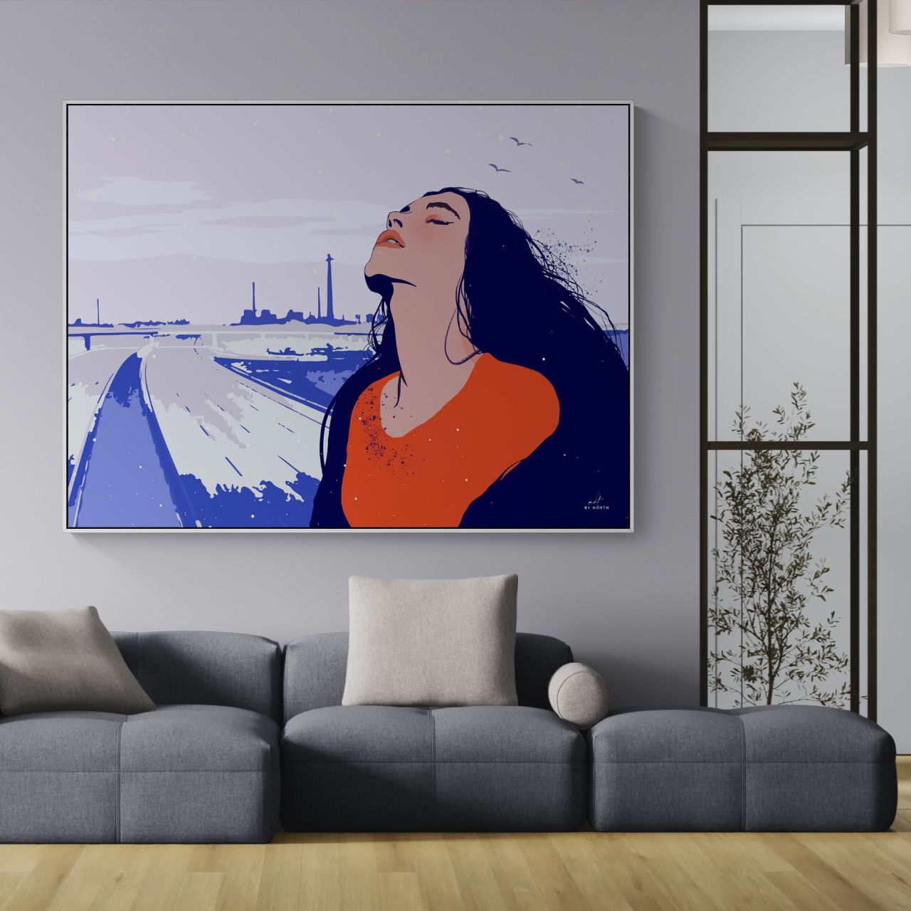 figurative contrast wall art in modern living room with bold red and blue color contrast