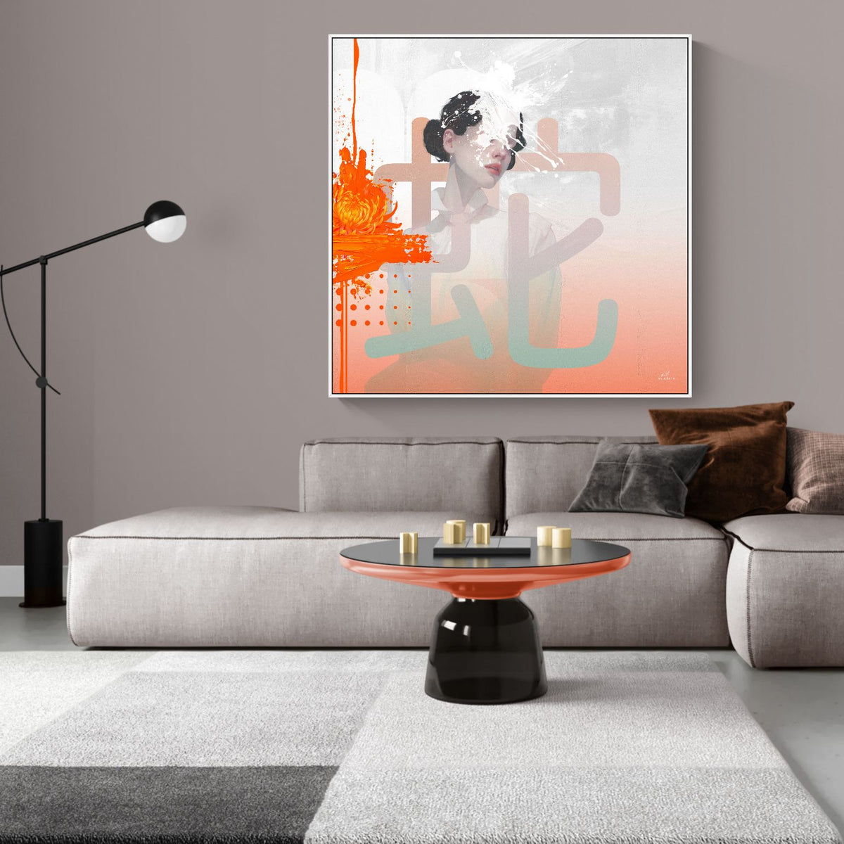 modern wall art with expressive portrait and bold color splash in contemporary living room