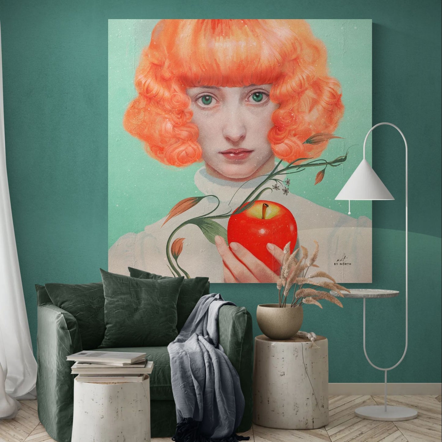 figurative portrait wall art in living room with red tones green background and bold focal point