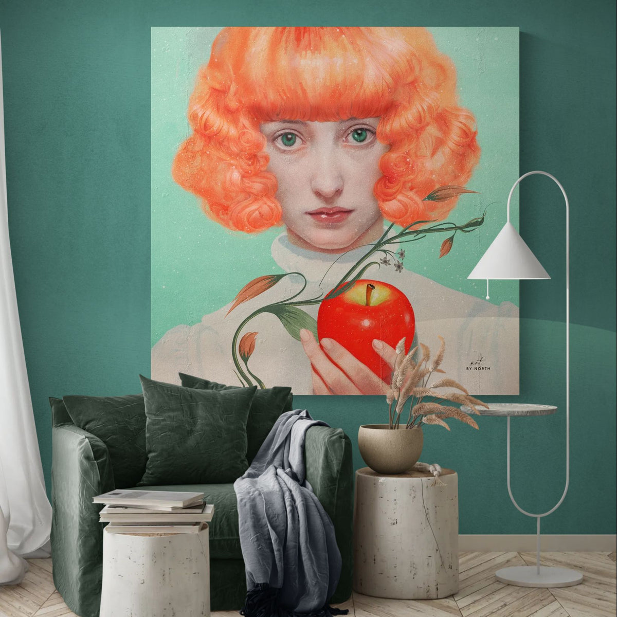 figurative portrait wall art in living room with red tones green background and bold focal point