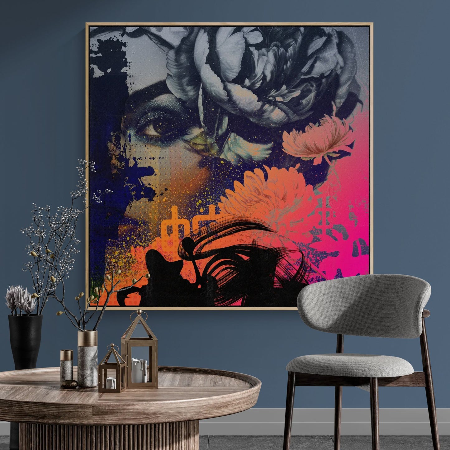 figurative portrait canvas wall art in modern lounge with bold color contrast