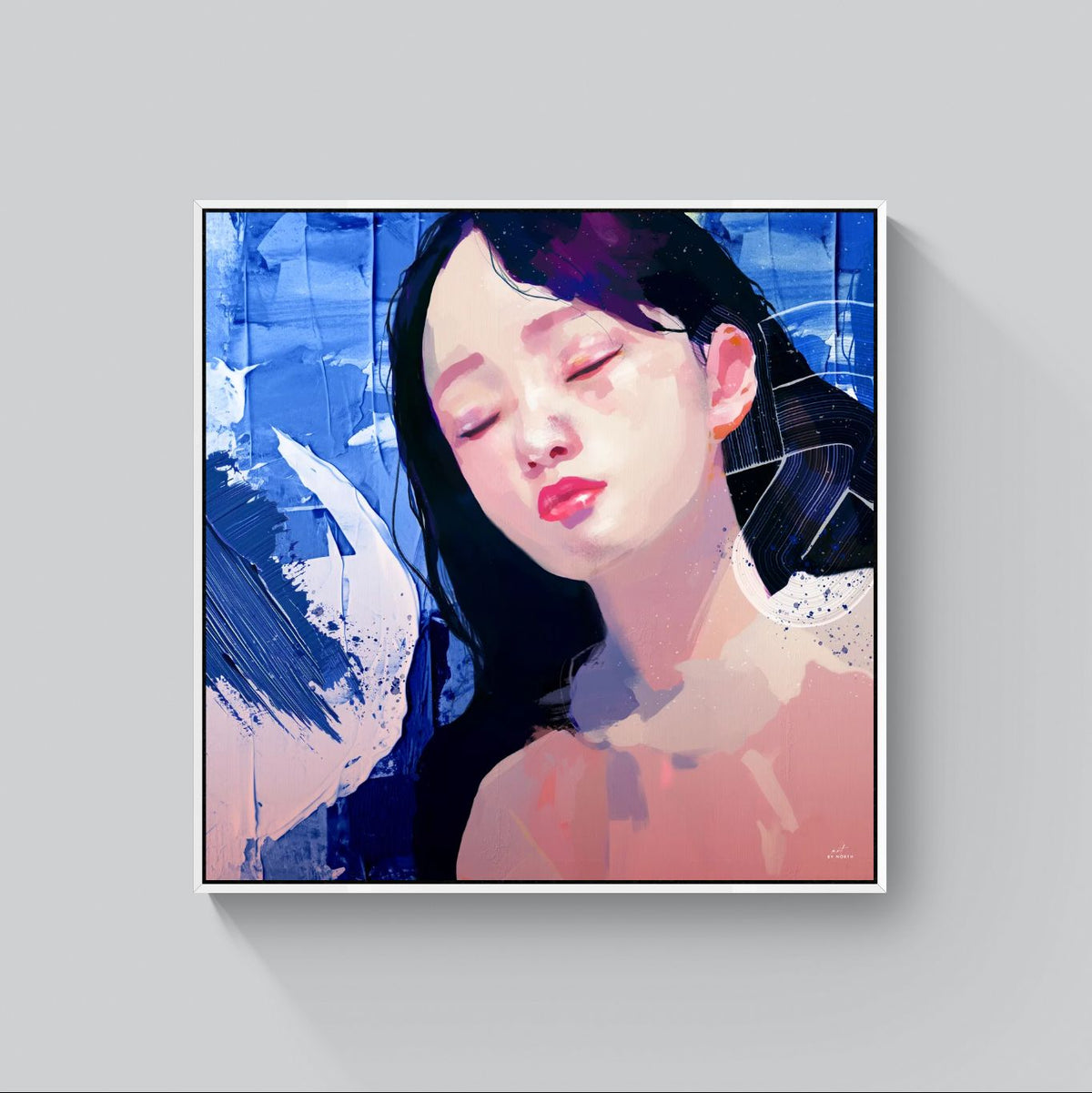 figurative portrait canvas wall art with white floater frame on light gray wall