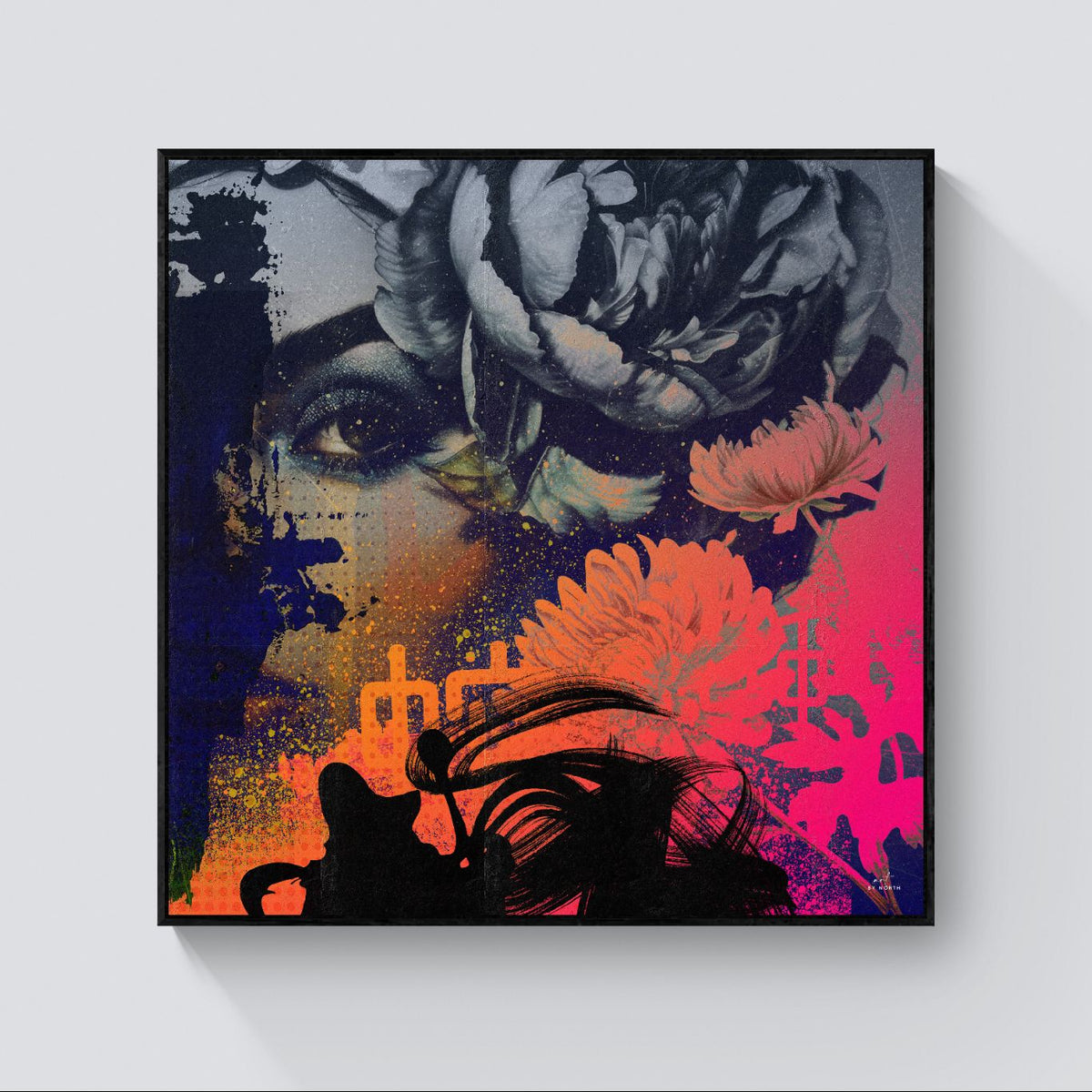 figurative portrait canvas wall art with black floater frame on neutral wall