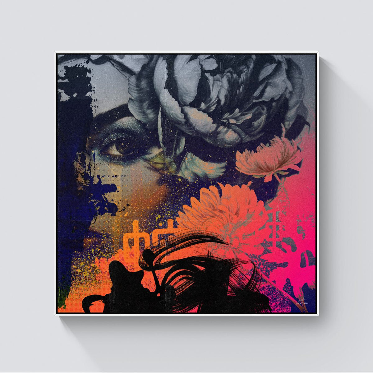 figurative portrait canvas wall art with white floater frame on bright wall