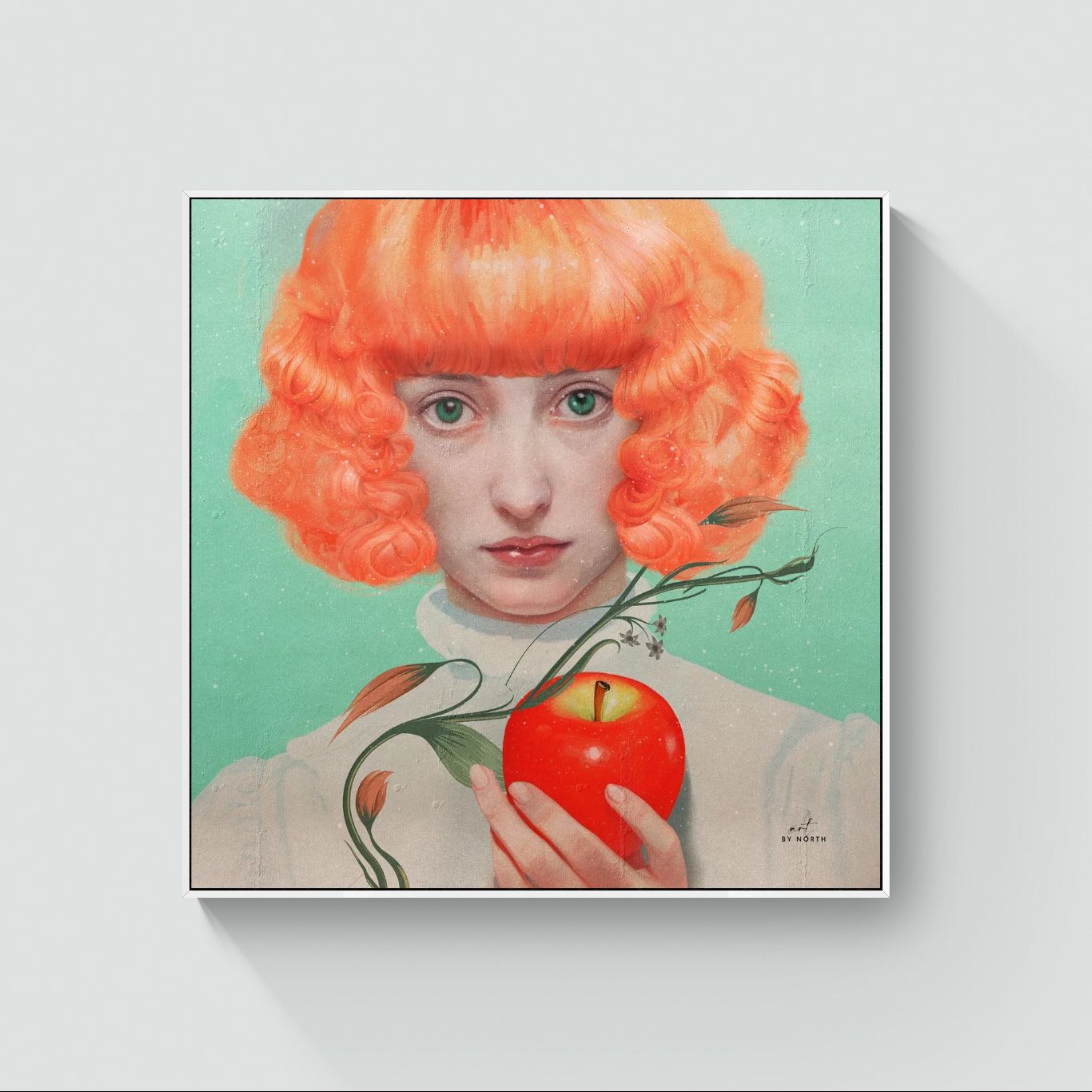 figurative portrait canvas wall art with white floater frame in bright modern interior