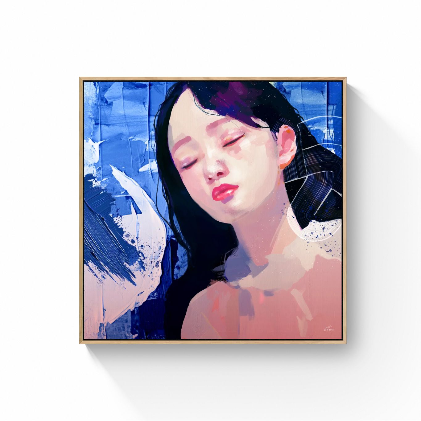 figurative portrait canvas wall art with oak floater frame on white wall