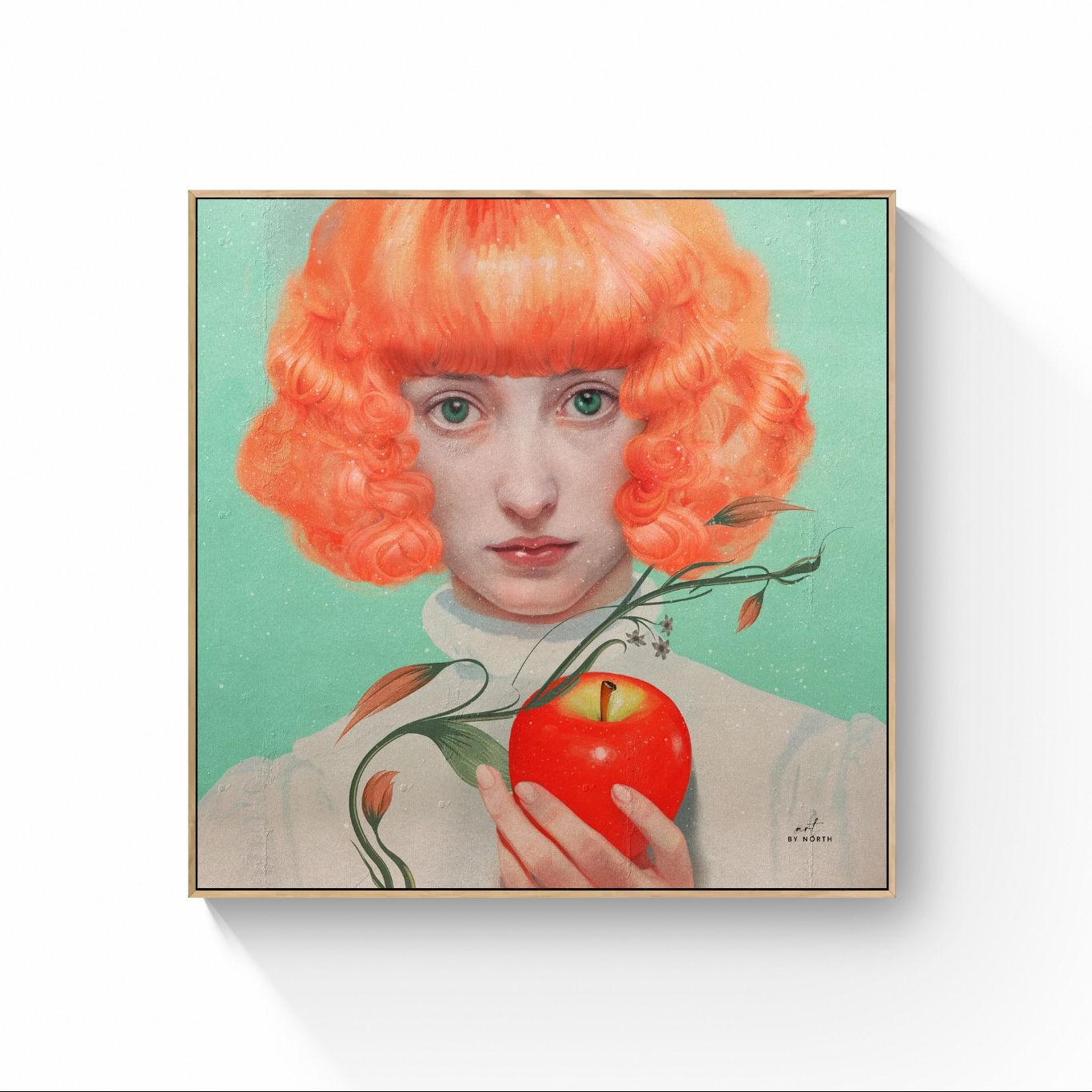 figurative portrait canvas wall art with oak floater frame in warm interior setting