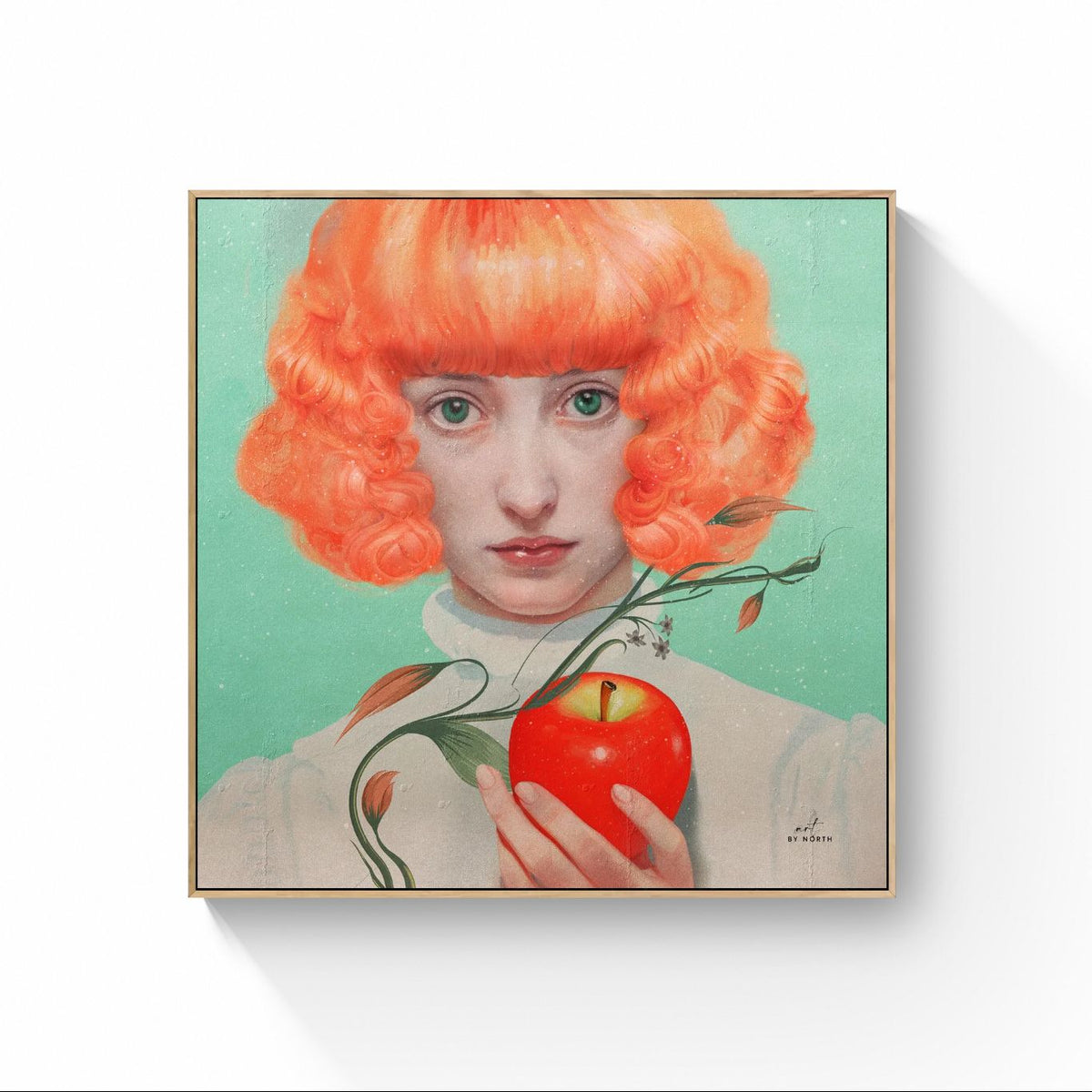 figurative portrait canvas wall art with oak floater frame in warm interior setting