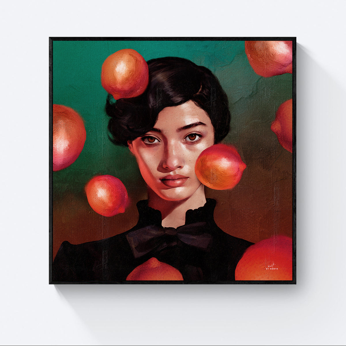 figurative portrait canvas wall art with black floater frame and strong contrast composition