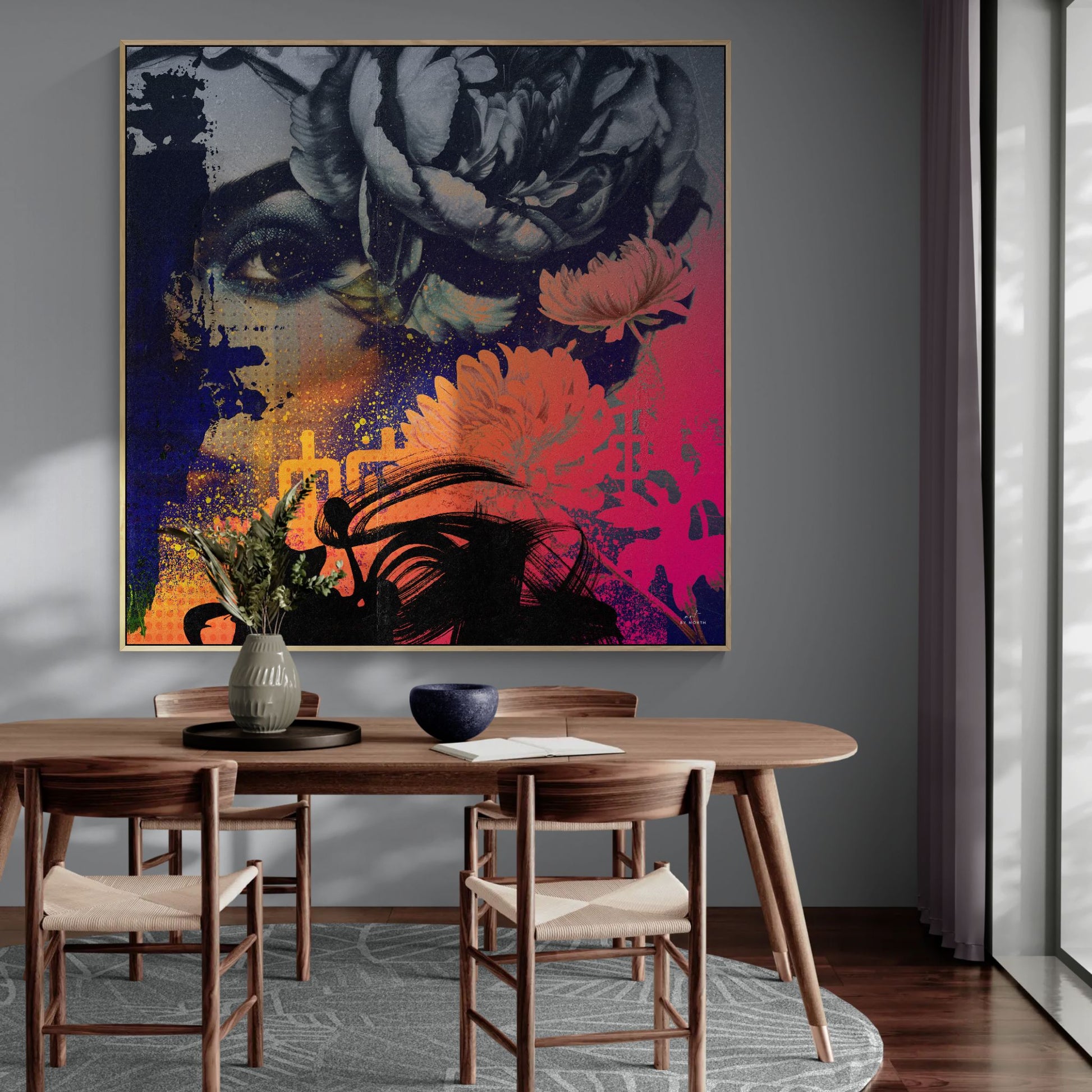 figurative portrait canvas wall art in modern living room interior with bold color contrast