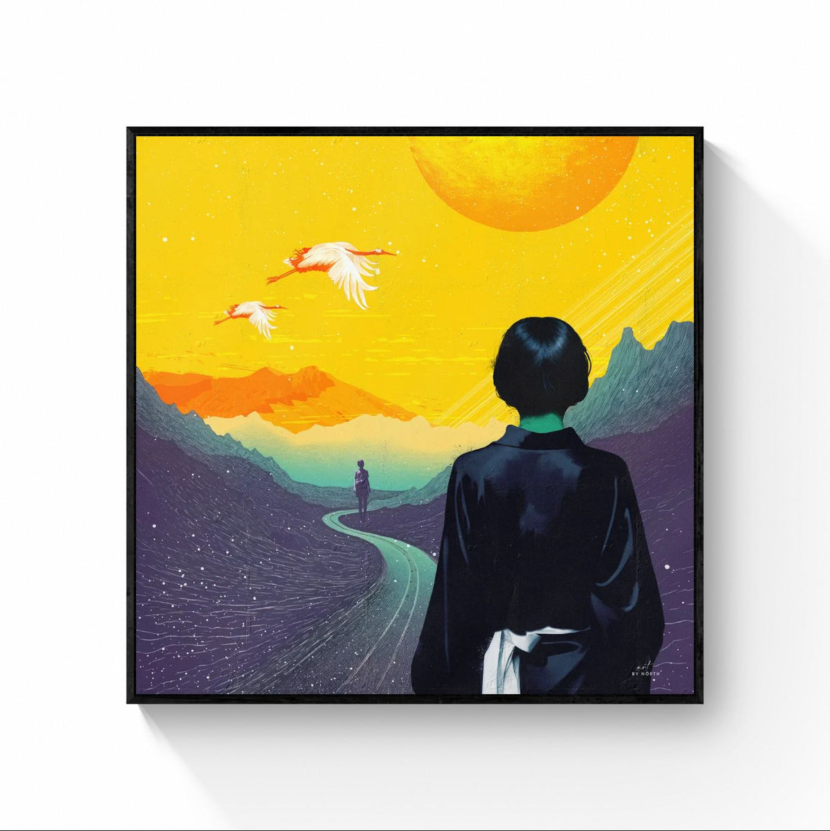 figurative portrait canvas wall art with black floater frame and strong contrast silhouette scene