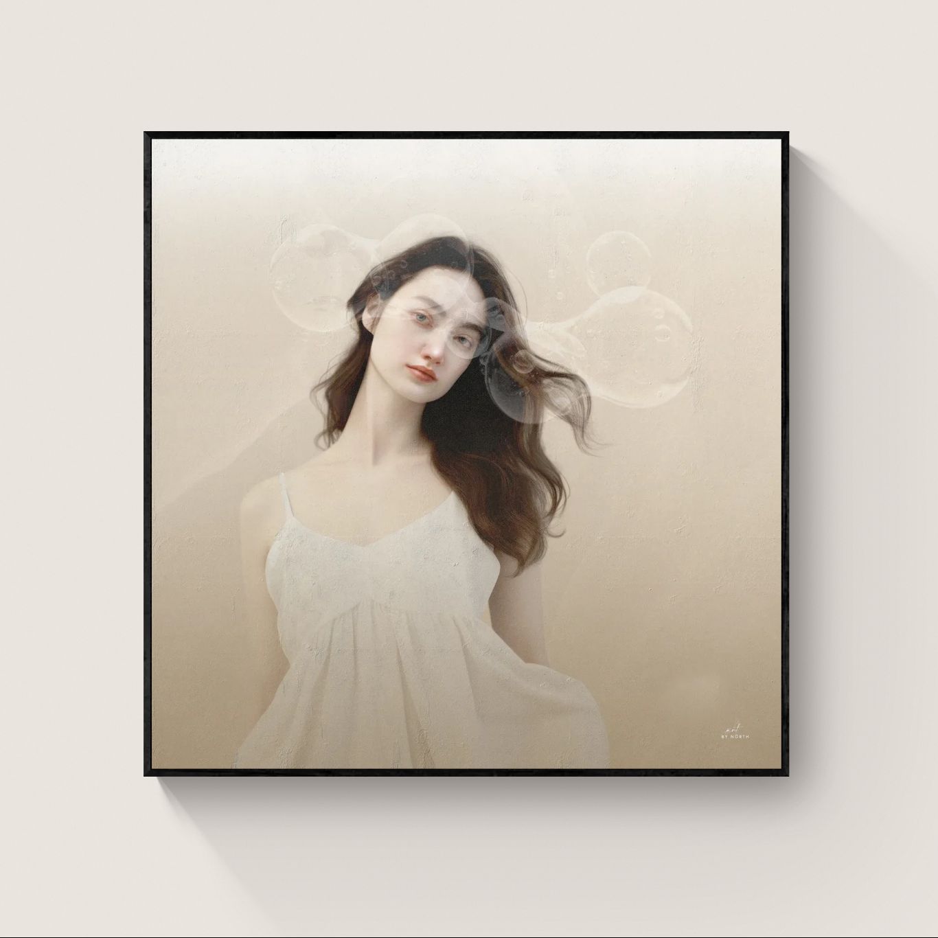 figurative portrait canvas print with black floater frame on white wall