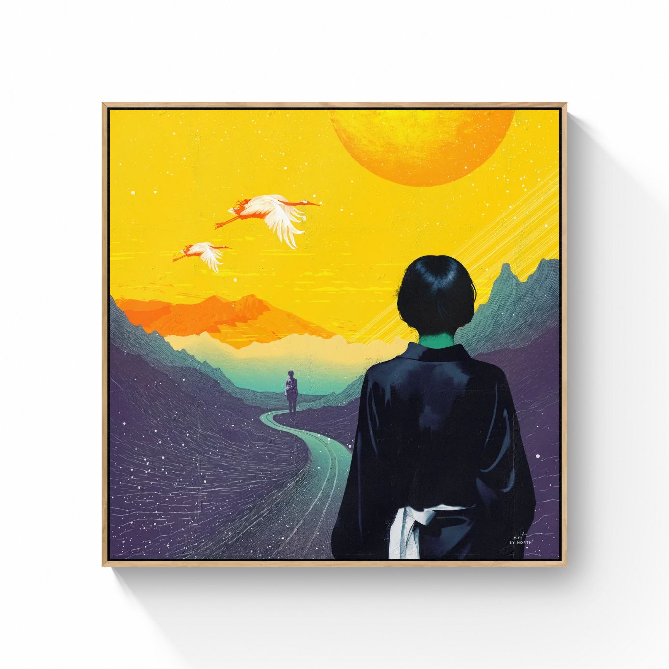 figurative portrait canvas wall art with oak floater frame and warm color tones