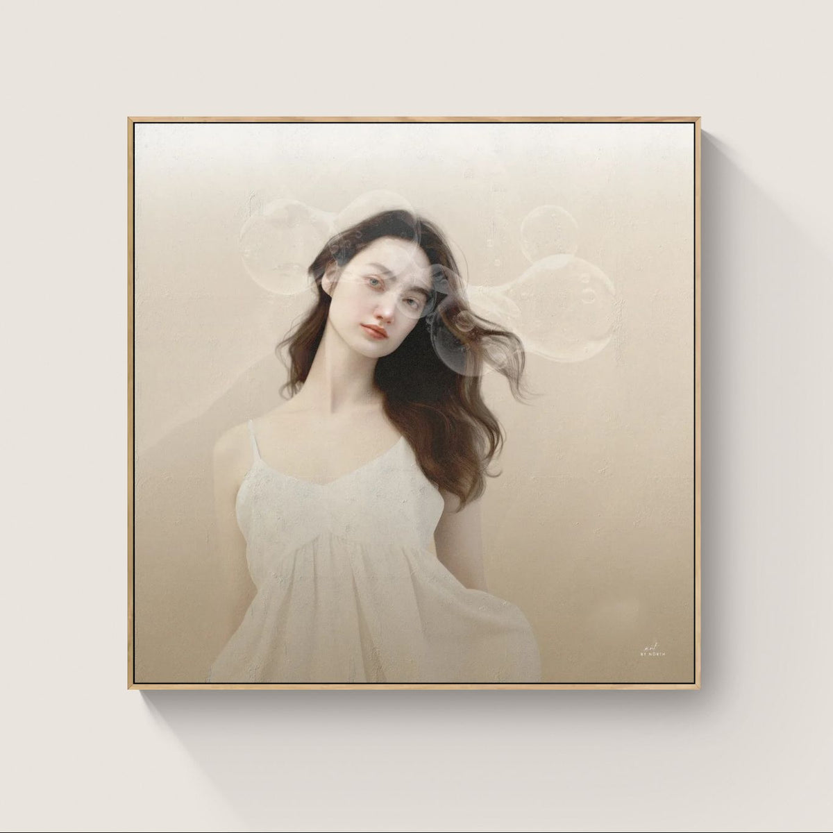 figurative portrait canvas wall art with oak floater frame and warm neutral tones