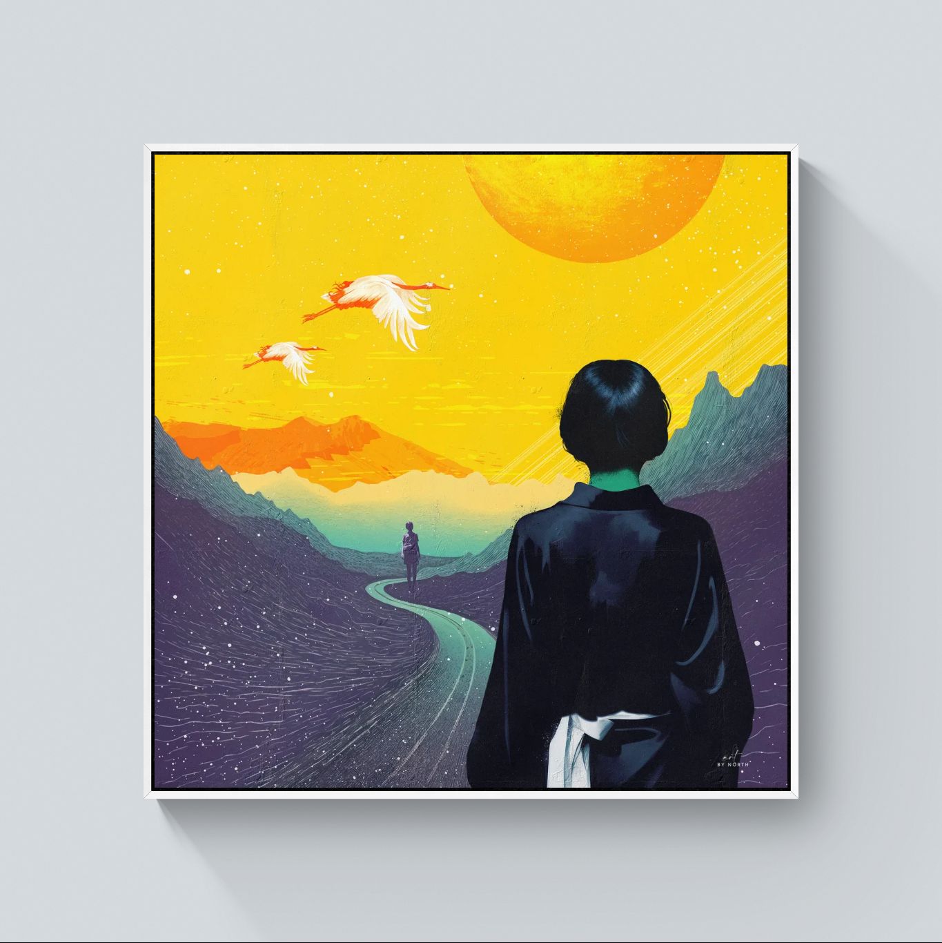 figurative portrait canvas wall art with white floater frame on light gray wall