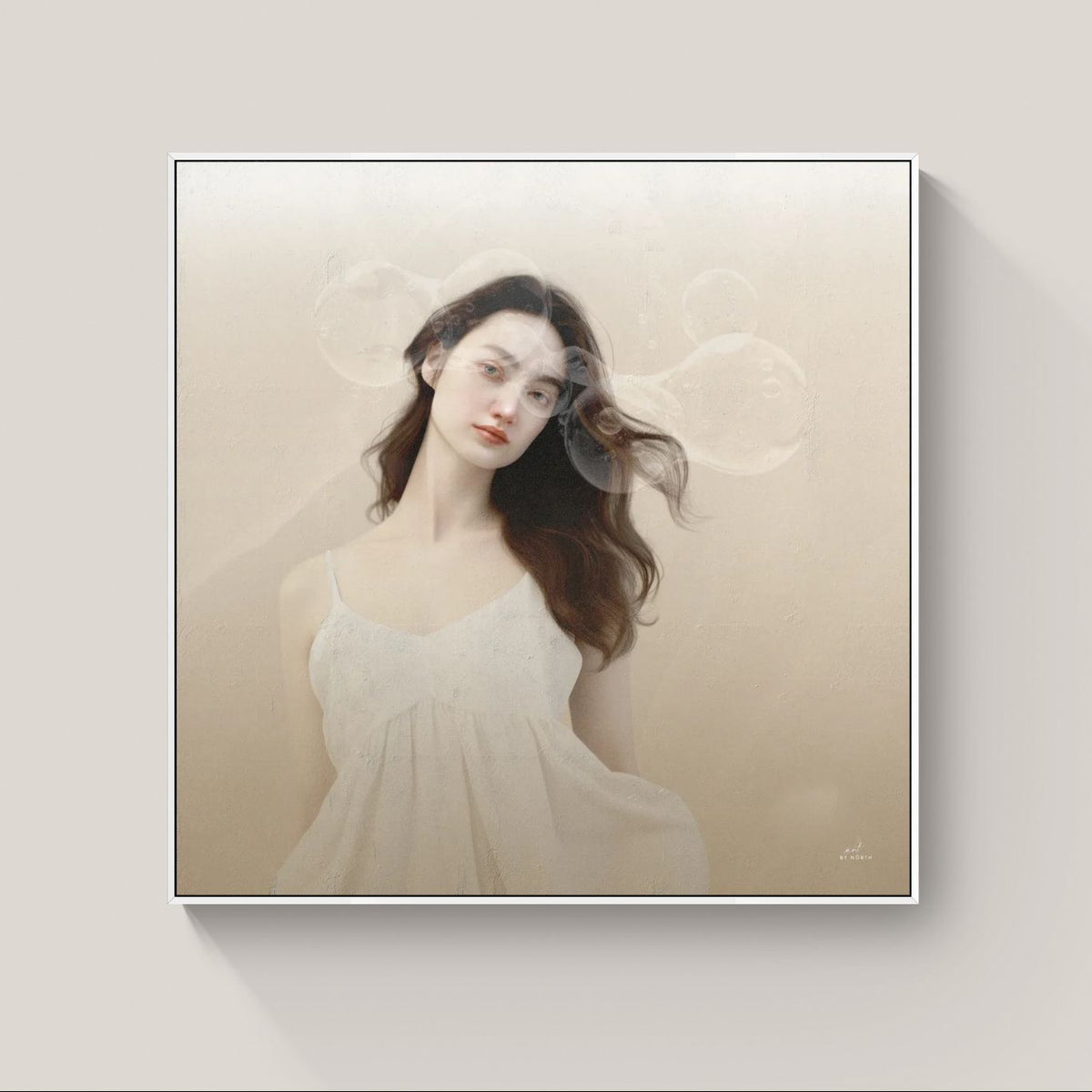 figurative portrait canvas wall art with white floater frame in light minimal setting