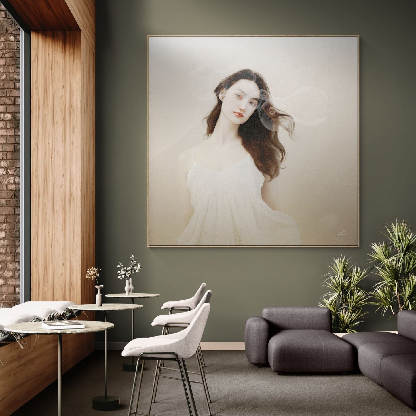figurative portrait canvas wall art in living room with soft tones and calm neutral interior