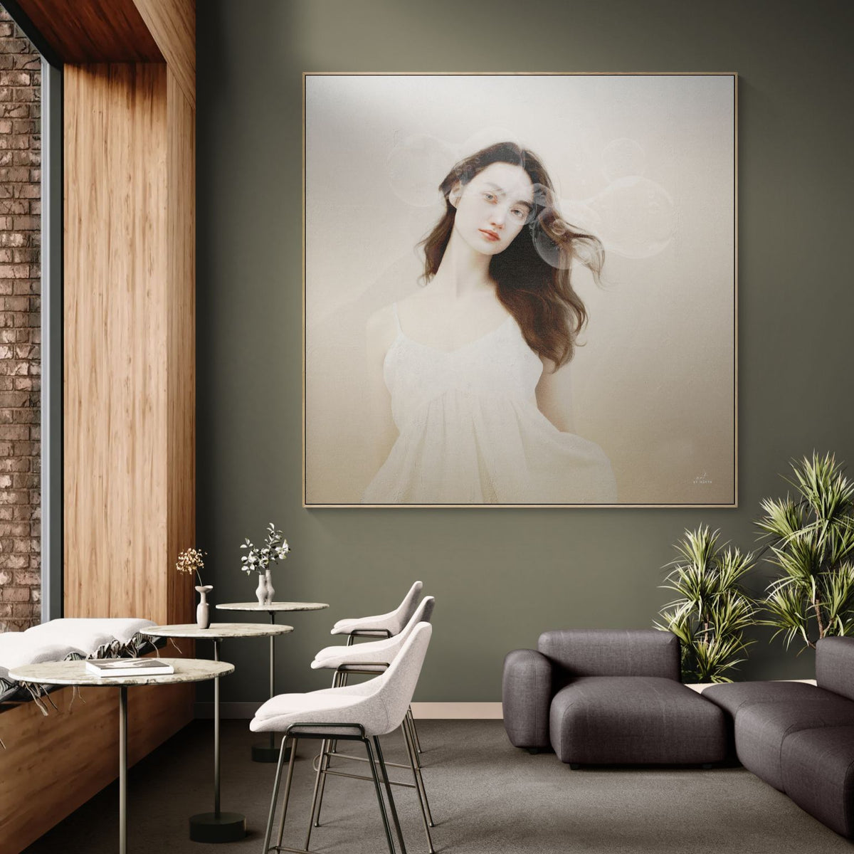 figurative portrait canvas wall art in living room with soft tones and calm neutral interior