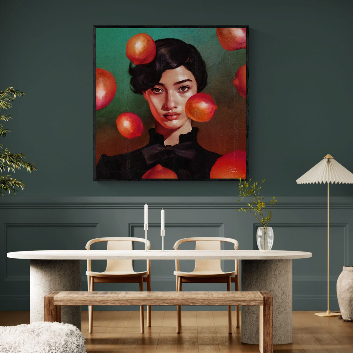 figurative portrait wall art canvas print in dining area with green background and red contrast shapes