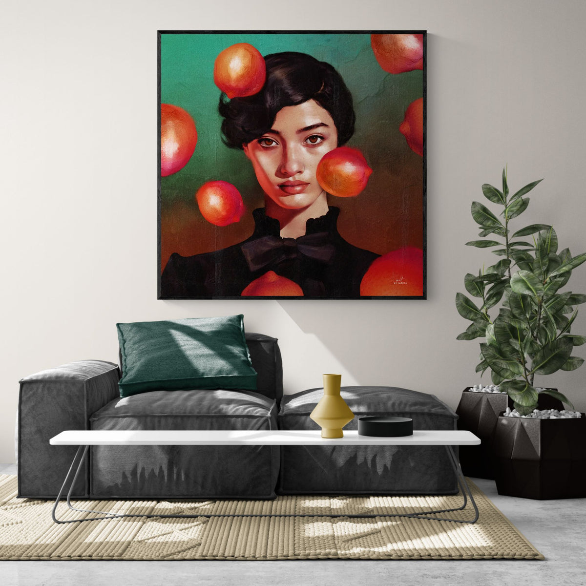 figurative portrait wall art canvas print in modern interior with green background and red contrast shapes