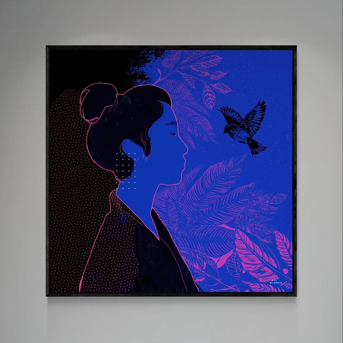 figurative silhouette canvas wall art with black floater frame on light grey wall