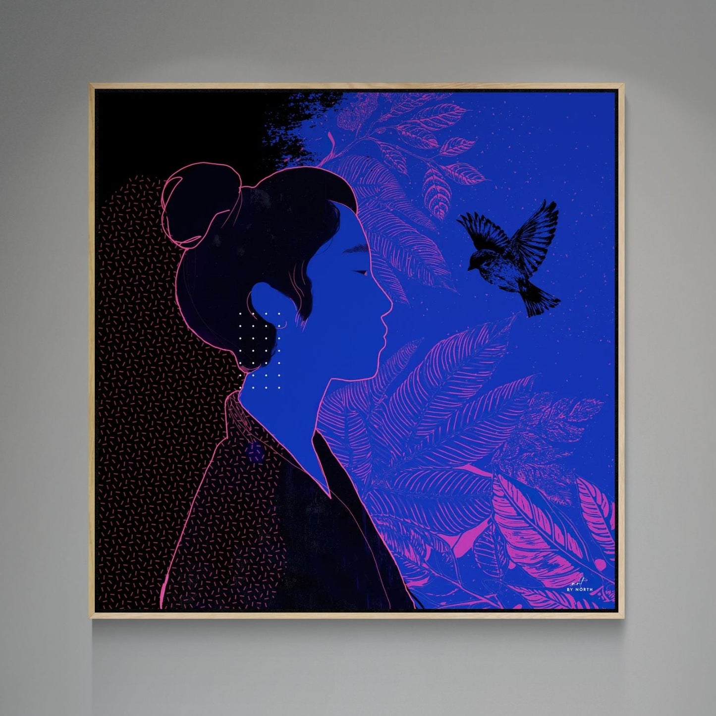 figurative silhouette canvas wall art with oak floater frame in minimalist interior