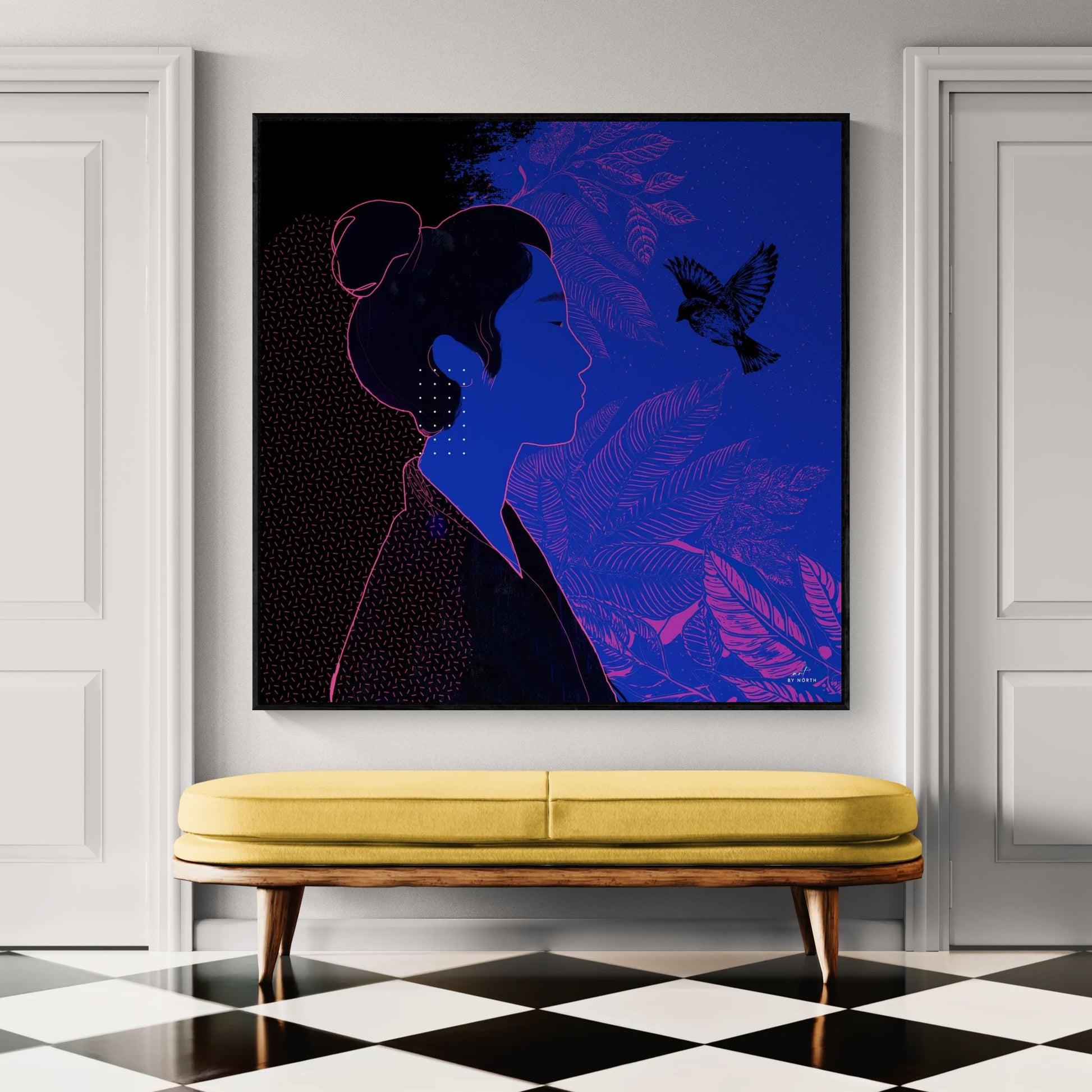 Figurative silhouette canvas wall art with blue and pink contrast in modern hallway 