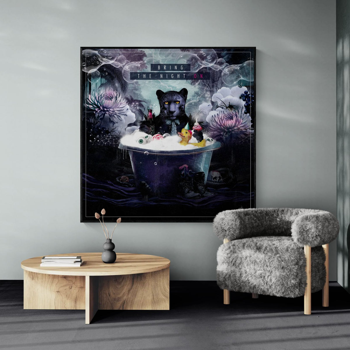 figurative wall art with dark tones and cinematic mood in modern interior