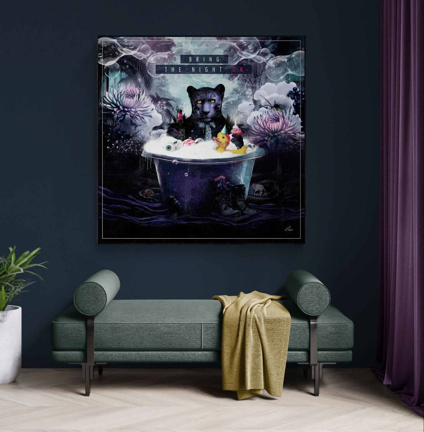 figurative surreal wall art with dark tones and cinematic mood in modern hallway.