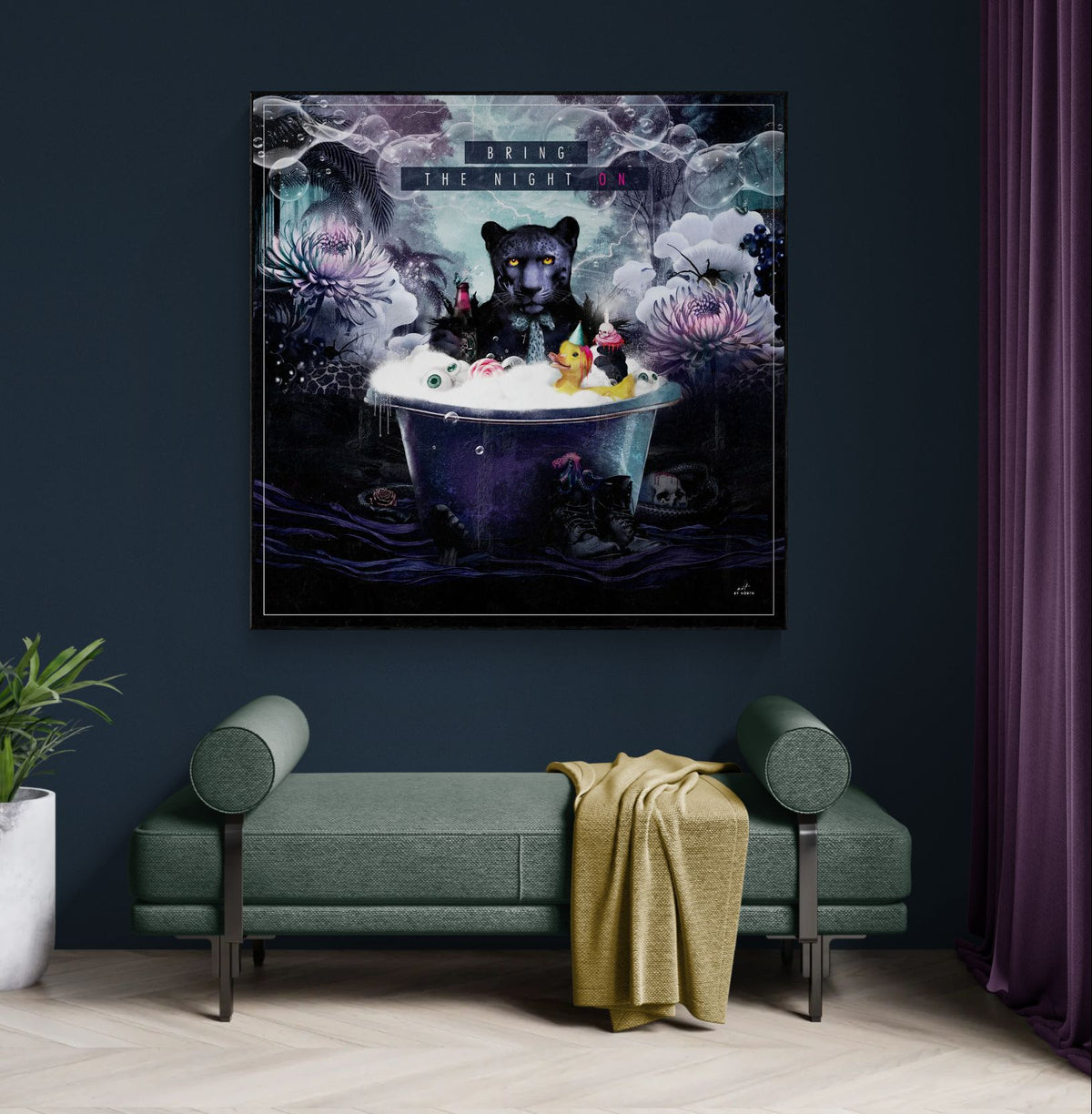 figurative surreal wall art with dark tones and cinematic mood in modern hallway.