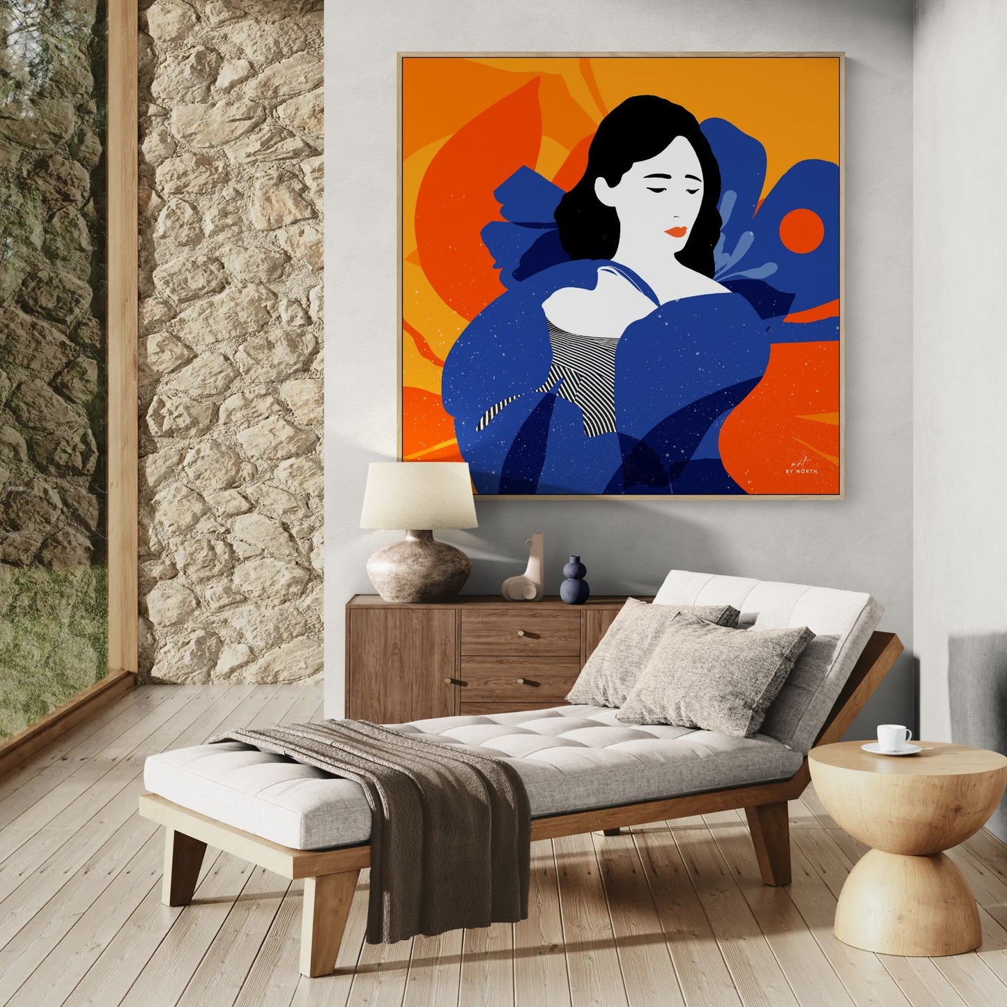 figurative canvas wall art in modern living room with bold contrast colors 