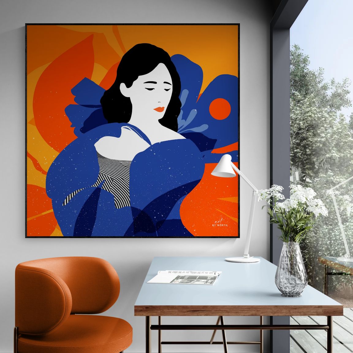figurative canvas wall art in office with vibrant colors and bold graphic composition