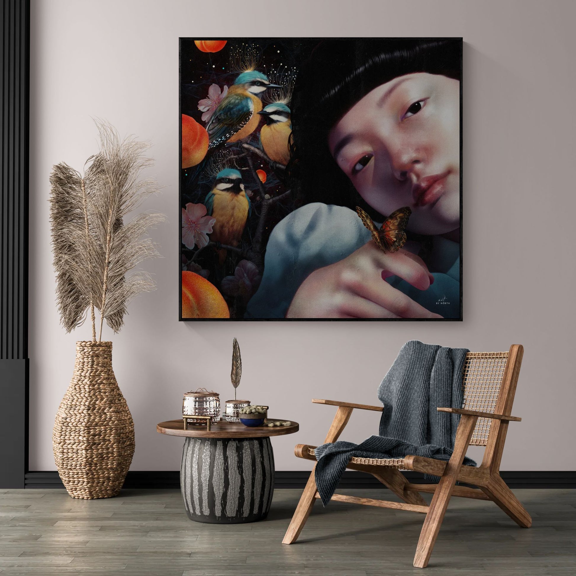 figurative wall art with rich textures and soft portrait composition in modern interior
