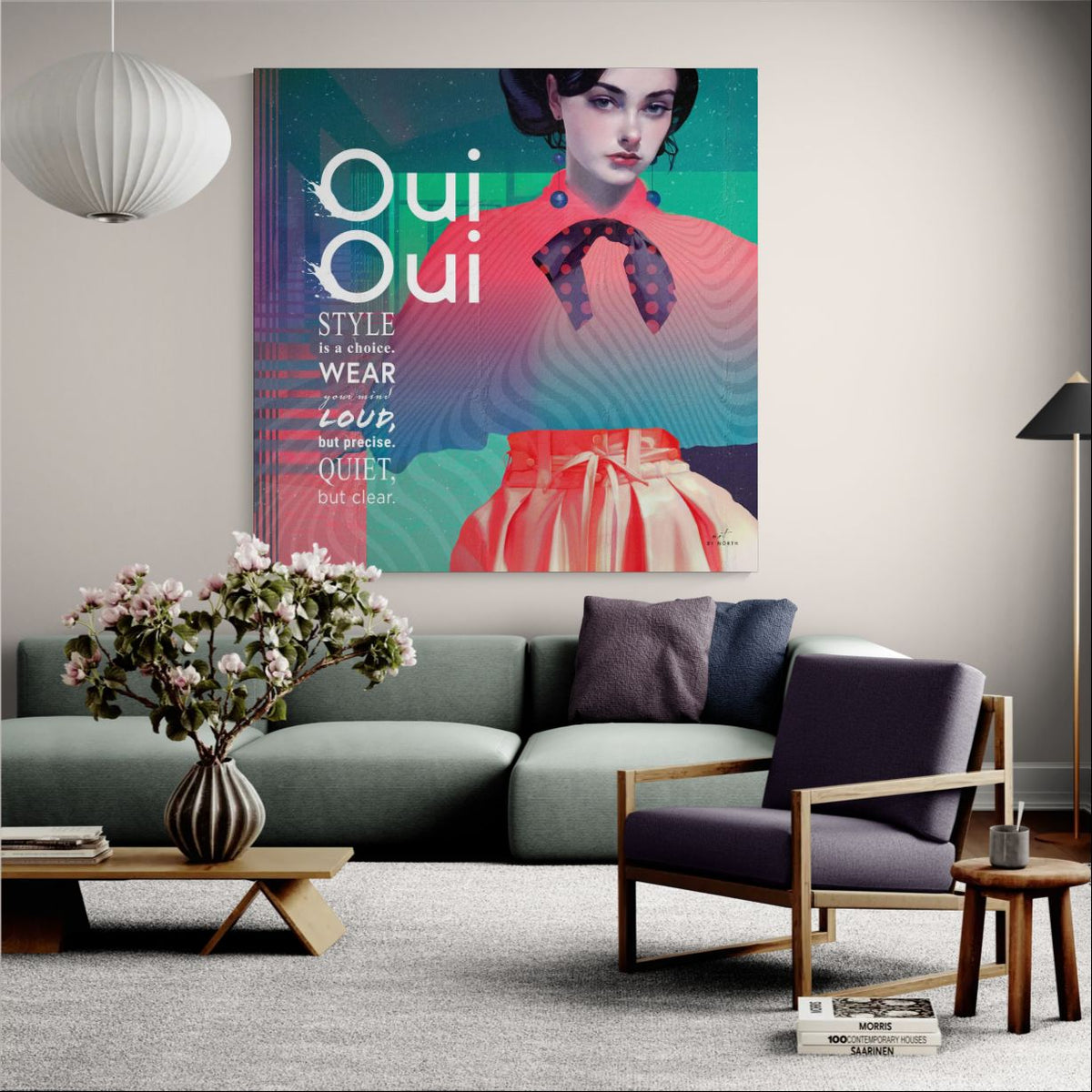 figurative fashion wall art with editorial style composition and bold colors in modern interior