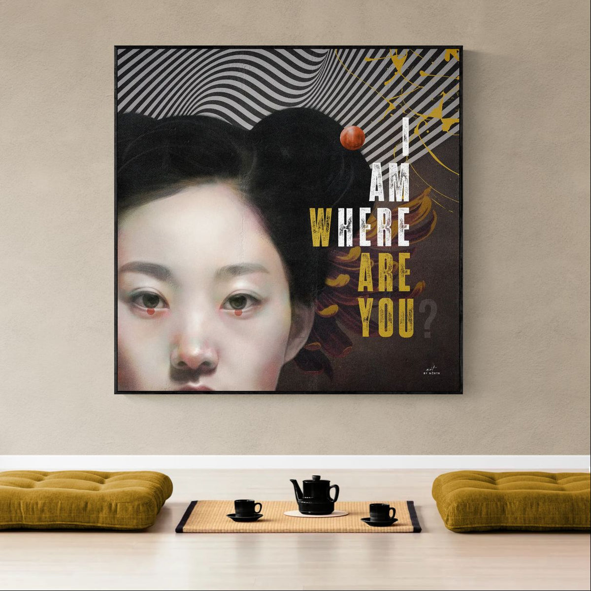 figurative wall art with graphic design elements and typography in yoga room