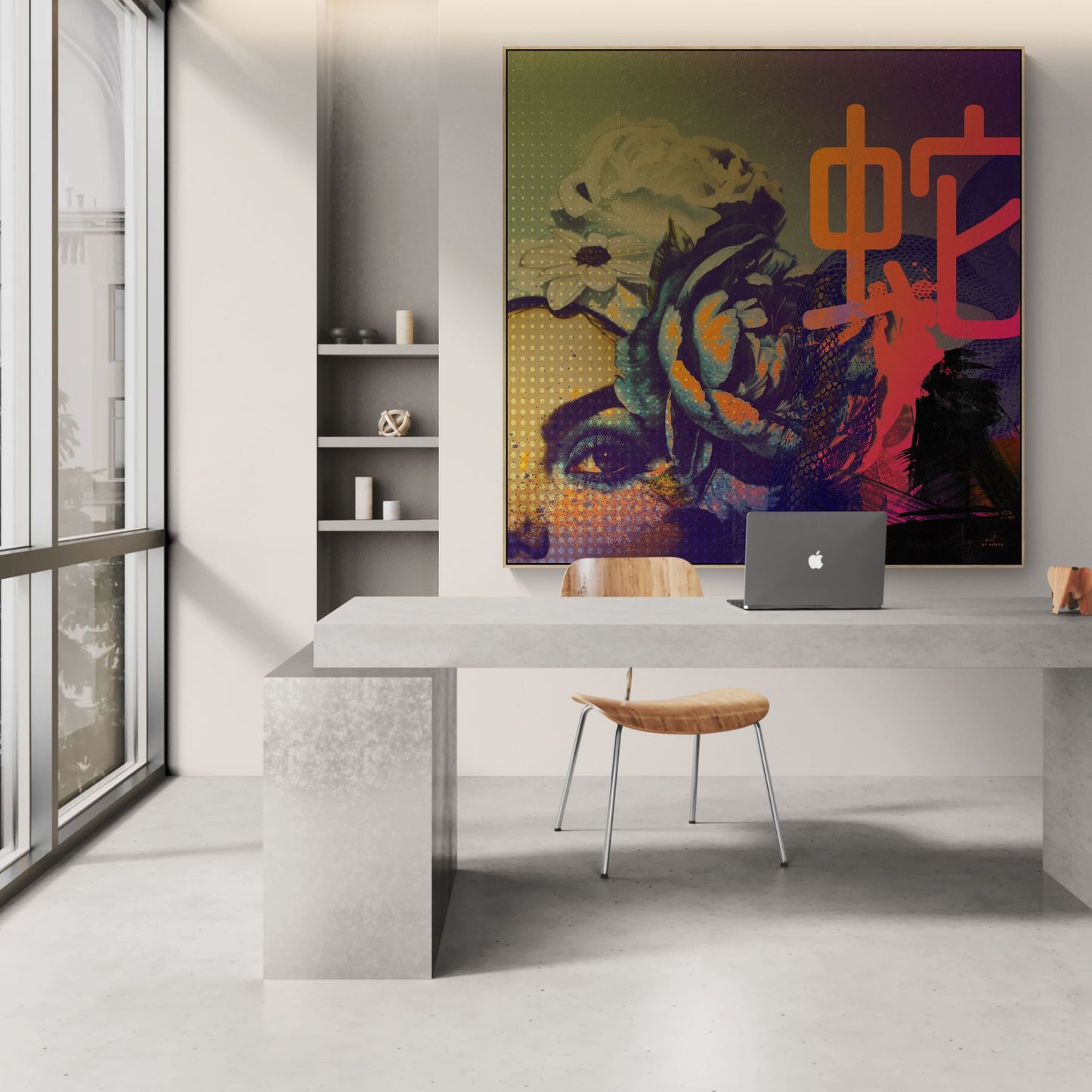 figurative abstract wall art with floral textures adding character to modern office