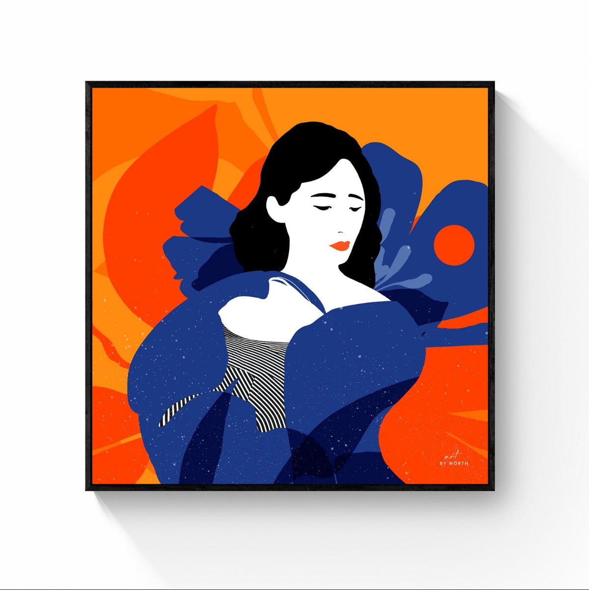 figurative canvas wall art with black floater frame and high contrast color composition