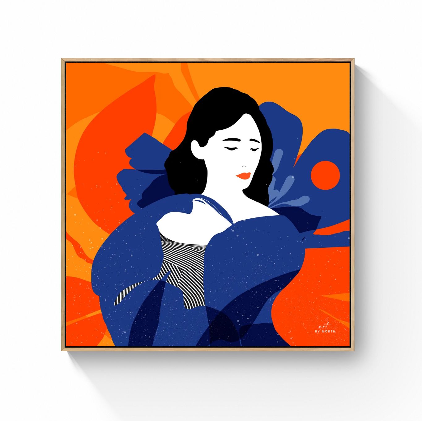 figurative canvas wall art with oak floater frame and warm color tones