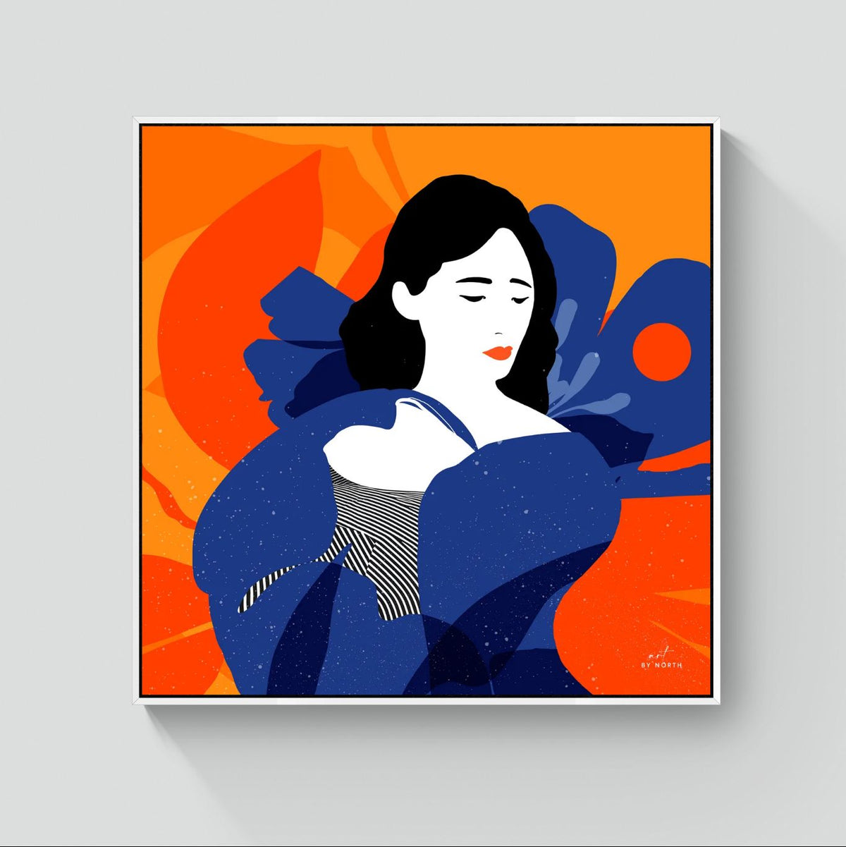 figurative canvas wall art with white floater frame in bright modern setting