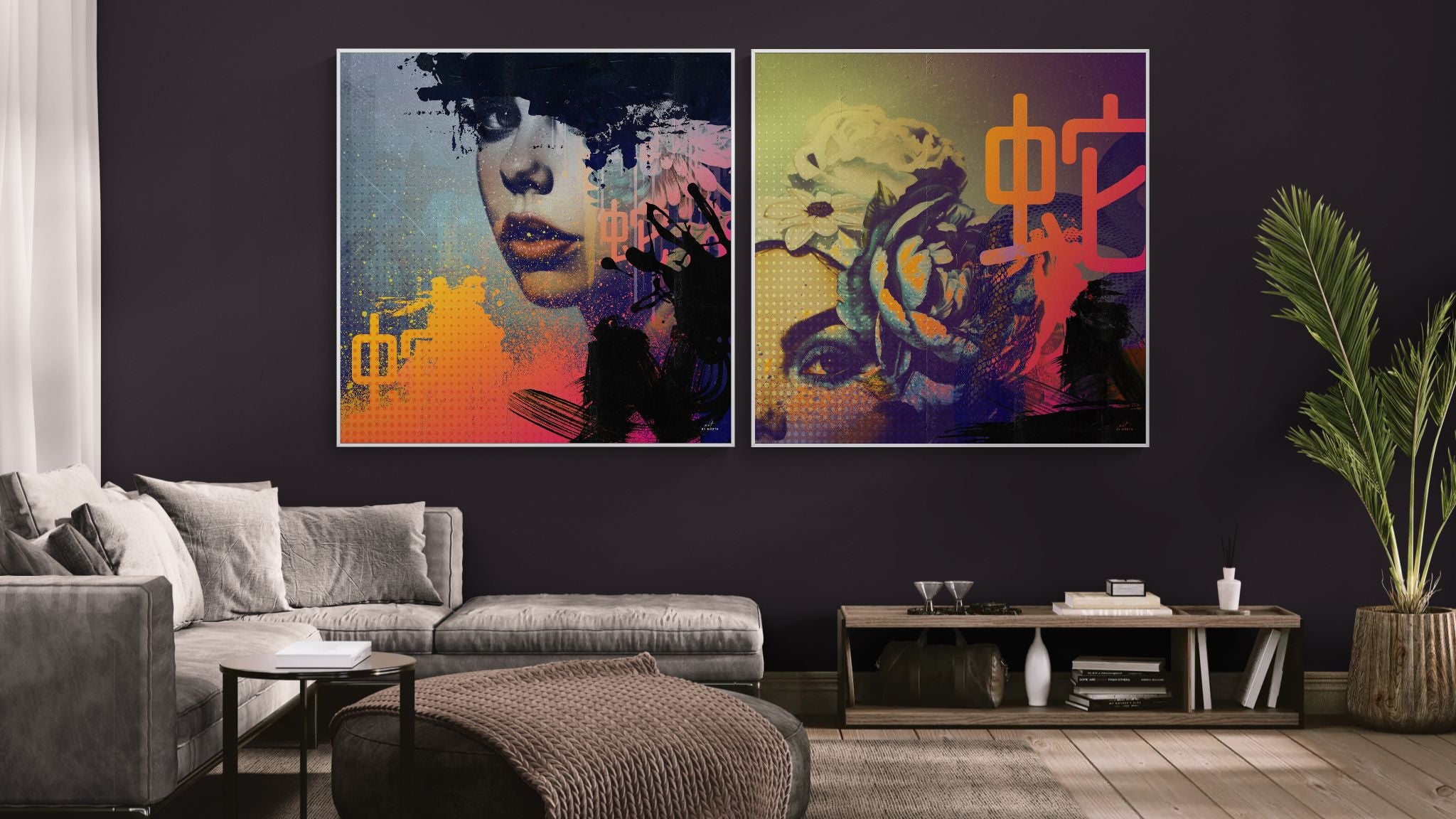 Flora Obscura canvas prints displayed as a bold wall art pair in a dark modern living room with a grey sofa and tropical plant.