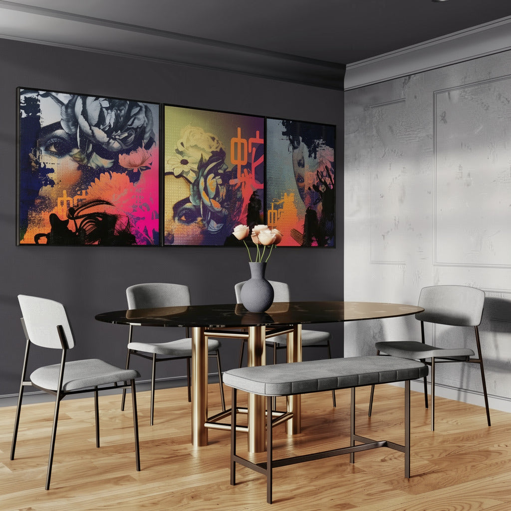 Three Flora Obscura canvas prints side view shown on a dining room wall, creating a panoramic botanical wall art set with dark tones and vivid accents.