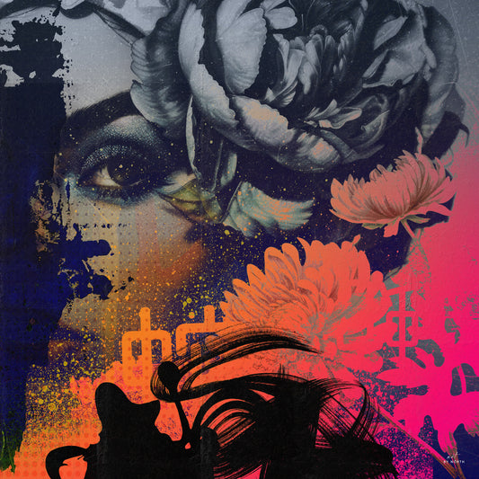 figurative portrait canvas wall art with bold textures and vivid neon color accents